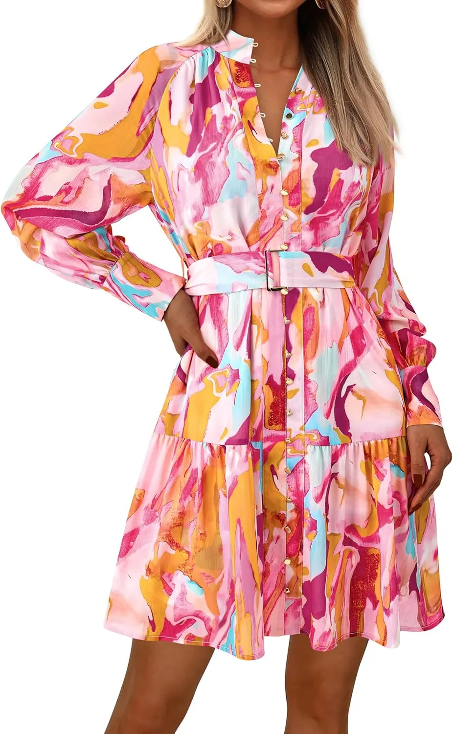 MASCOMODA Spring Fall Short Floral Dresses 2025 Elegant Casual Long Sleeve Button Chiffon A-Line Flowy Mini Work Shirt Dress