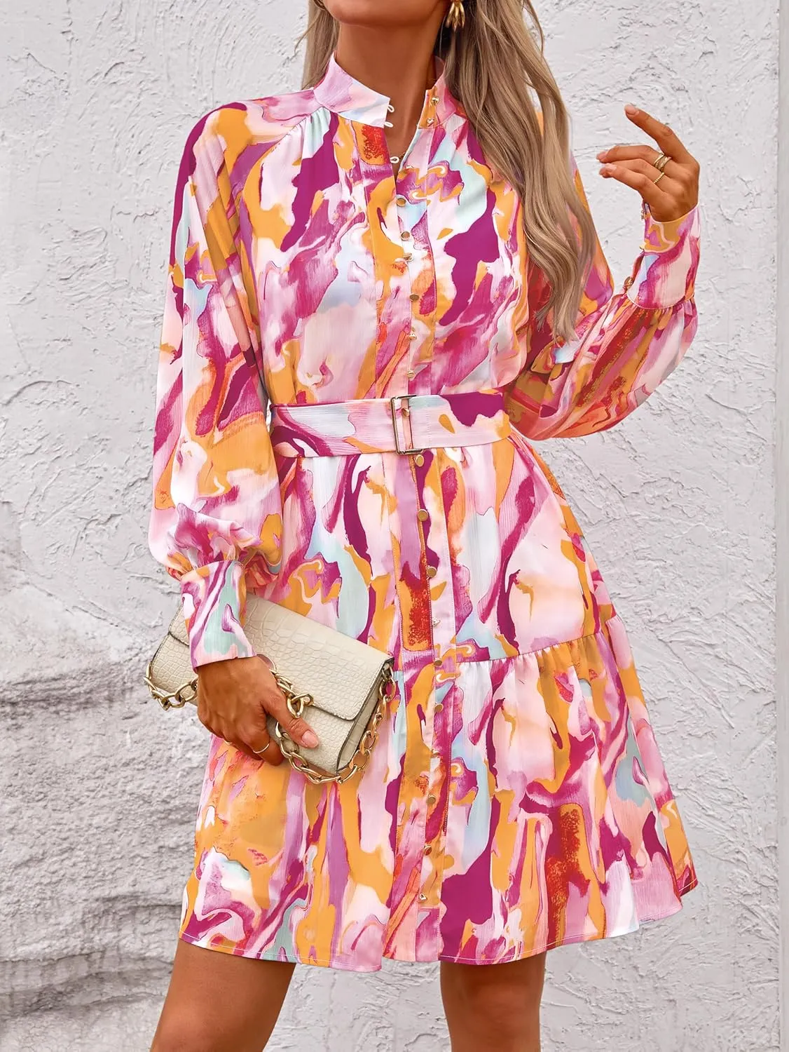 MASCOMODA Spring Fall Short Floral Dresses 2025 Elegant Casual Long Sleeve Button Chiffon A-Line Flowy Mini Work Shirt Dress