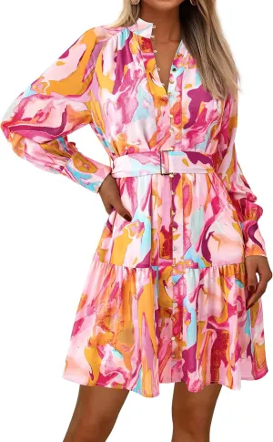 MASCOMODA Spring Fall Short Floral Dresses 2025 Elegant Casual Long Sleeve Button Chiffon A-Line Flowy Mini Work Shirt Dress
