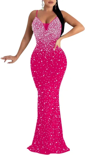 MAYFASEY Women's Sexy Elegant Rhinestone Hot Drilling Process Bodycon Dress Party Club Night Out Dress Long Evening Dresses