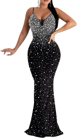 MAYFASEY Women's Sexy Elegant Rhinestone Hot Drilling Process Bodycon Dress Party Club Night Out Dress Long Evening Dresses