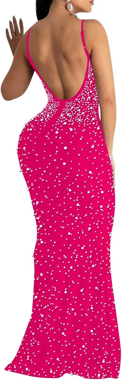 MAYFASEY Women's Sexy Elegant Rhinestone Hot Drilling Process Bodycon Dress Party Club Night Out Dress Long Evening Dresses