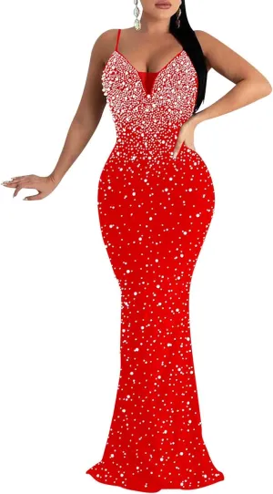 MAYFASEY Women's Sexy Elegant Rhinestone Hot Drilling Process Bodycon Dress Party Club Night Out Dress Long Evening Dresses