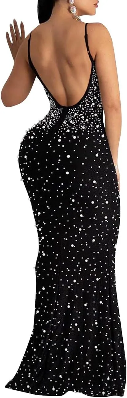 MAYFASEY Women's Sexy Elegant Rhinestone Hot Drilling Process Bodycon Dress Party Club Night Out Dress Long Evening Dresses