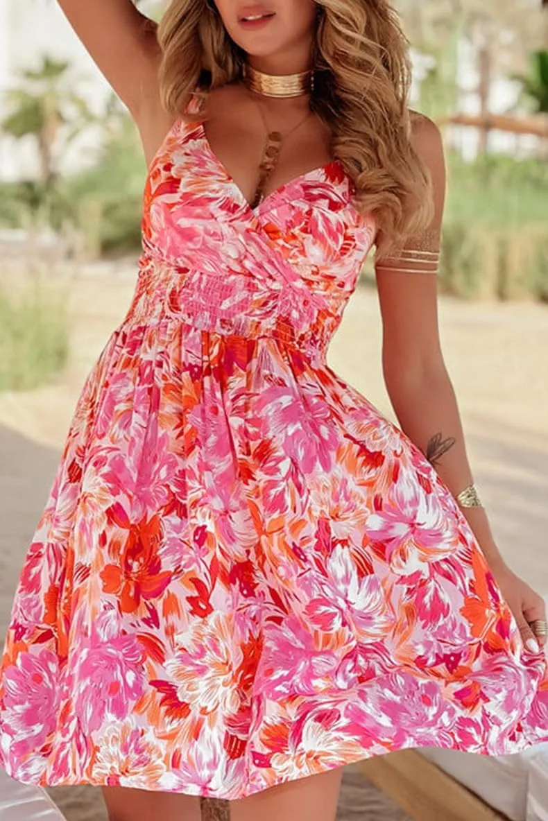 Melliflo Women Summer Dresses Floral Boho Mini Dress V Neck Spaghetti Smoked Flowy Swing Sundress Beach Dress 2025