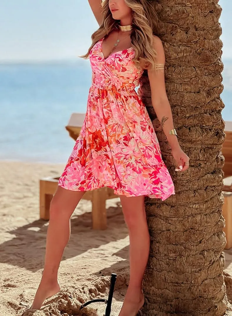Melliflo Women Summer Dresses Floral Boho Mini Dress V Neck Spaghetti Smoked Flowy Swing Sundress Beach Dress 2025