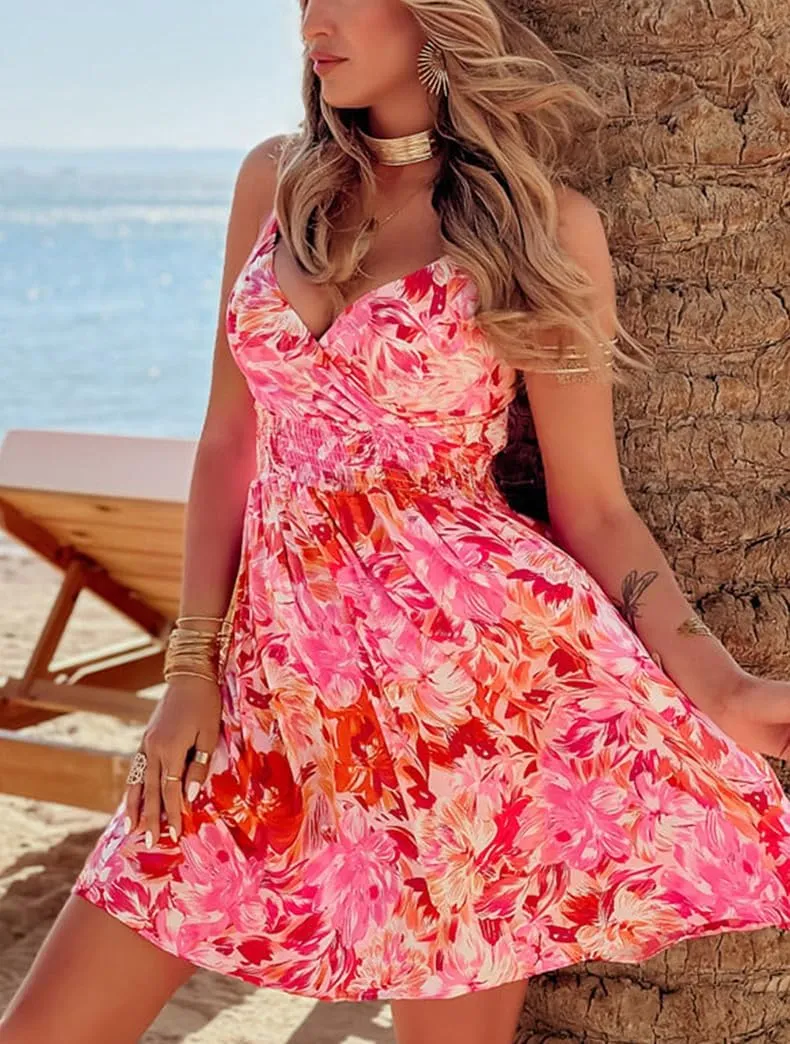 Melliflo Women Summer Dresses Floral Boho Mini Dress V Neck Spaghetti Smoked Flowy Swing Sundress Beach Dress 2025