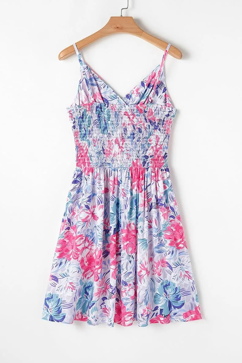 Melliflo Women Summer Dresses Floral Boho Mini Dress V Neck Spaghetti Smoked Flowy Swing Sundress Beach Dress 2025