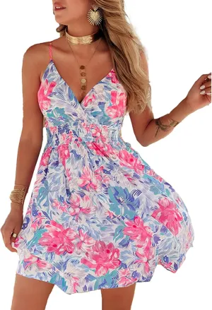 Melliflo Women Summer Dresses Floral Boho Mini Dress V Neck Spaghetti Smoked Flowy Swing Sundress Beach Dress 2025