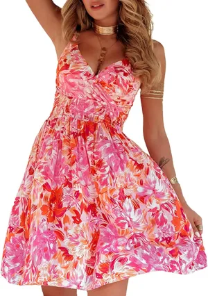 Melliflo Women Summer Dresses Floral Boho Mini Dress V Neck Spaghetti Smoked Flowy Swing Sundress Beach Dress 2025
