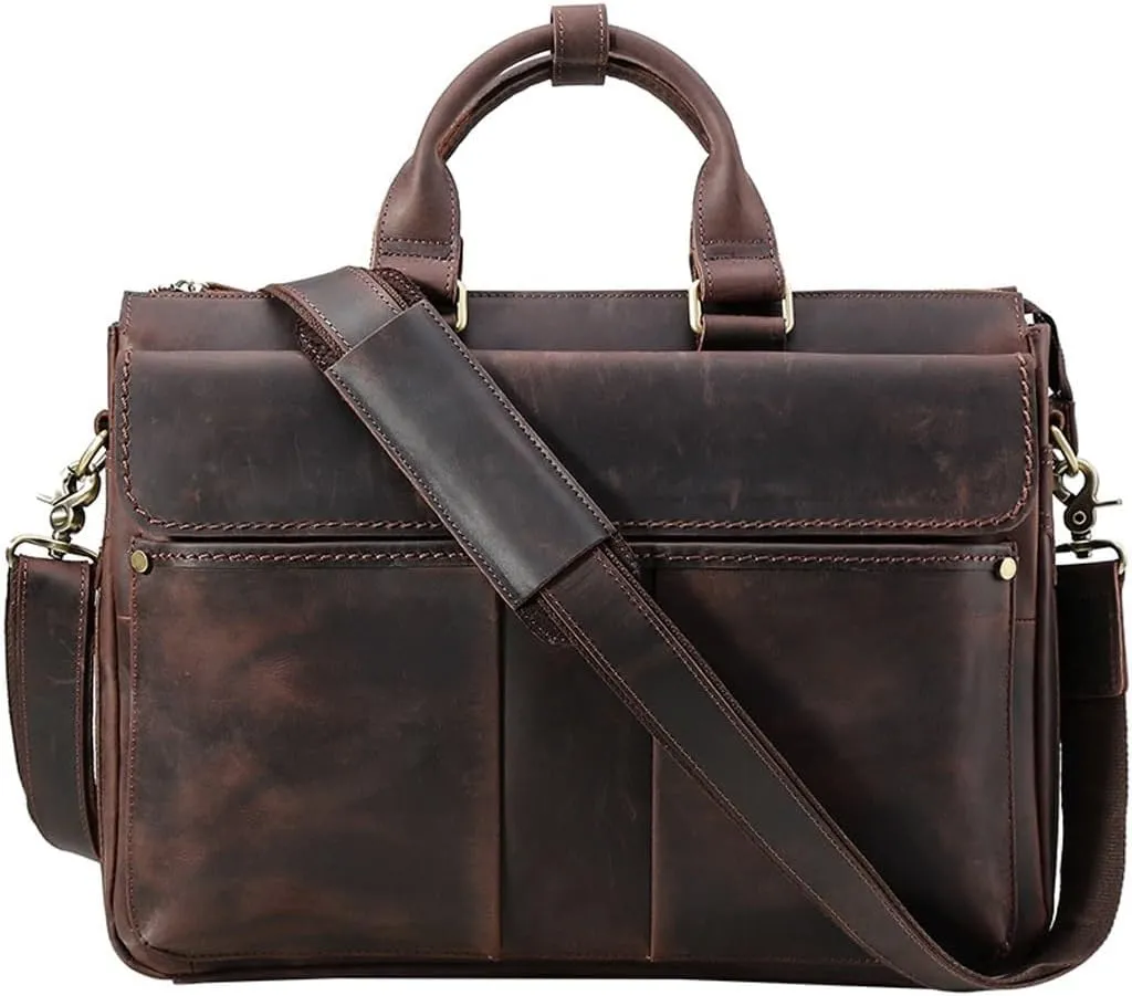 Men Leather Briefcase Vintage Briefcase Laptop Bag Shoulder Crossbody Bag Crazy Horse Cowhide Business