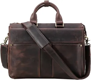 Men Leather Briefcase Vintage Briefcase Laptop Bag Shoulder Crossbody Bag Crazy Horse Cowhide Business