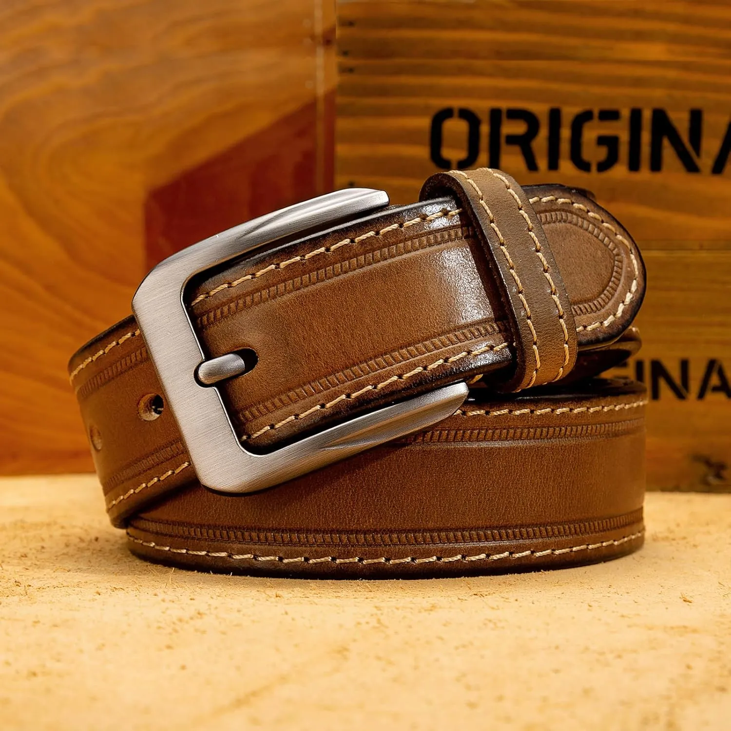 Mens Belts Full Grain Leather Real Italian Material Western Cowboy Belt 1.5 Wide Casual Jean Belt Gift Box Packaging