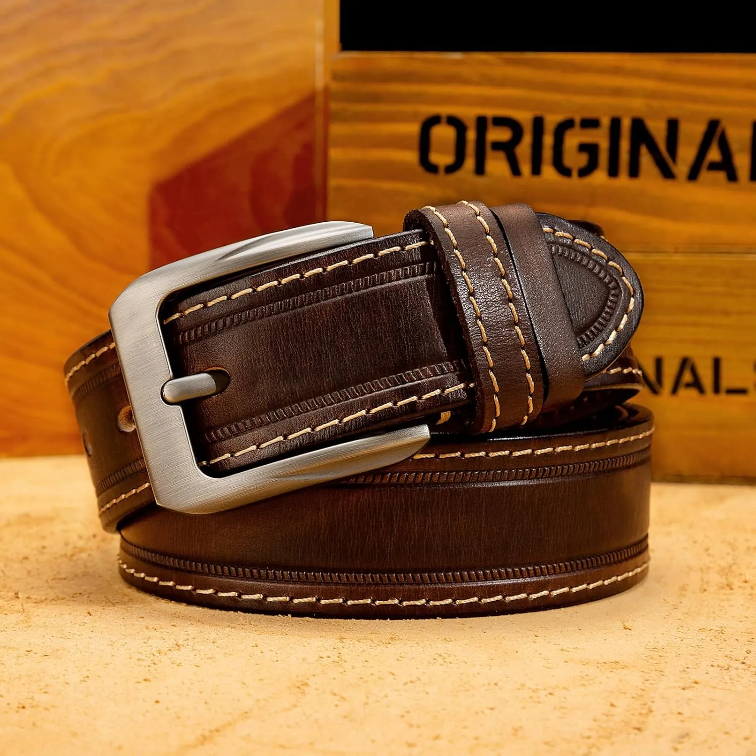 Mens Belts Full Grain Leather Real Italian Material Western Cowboy Belt 1.5 Wide Casual Jean Belt Gift Box Packaging