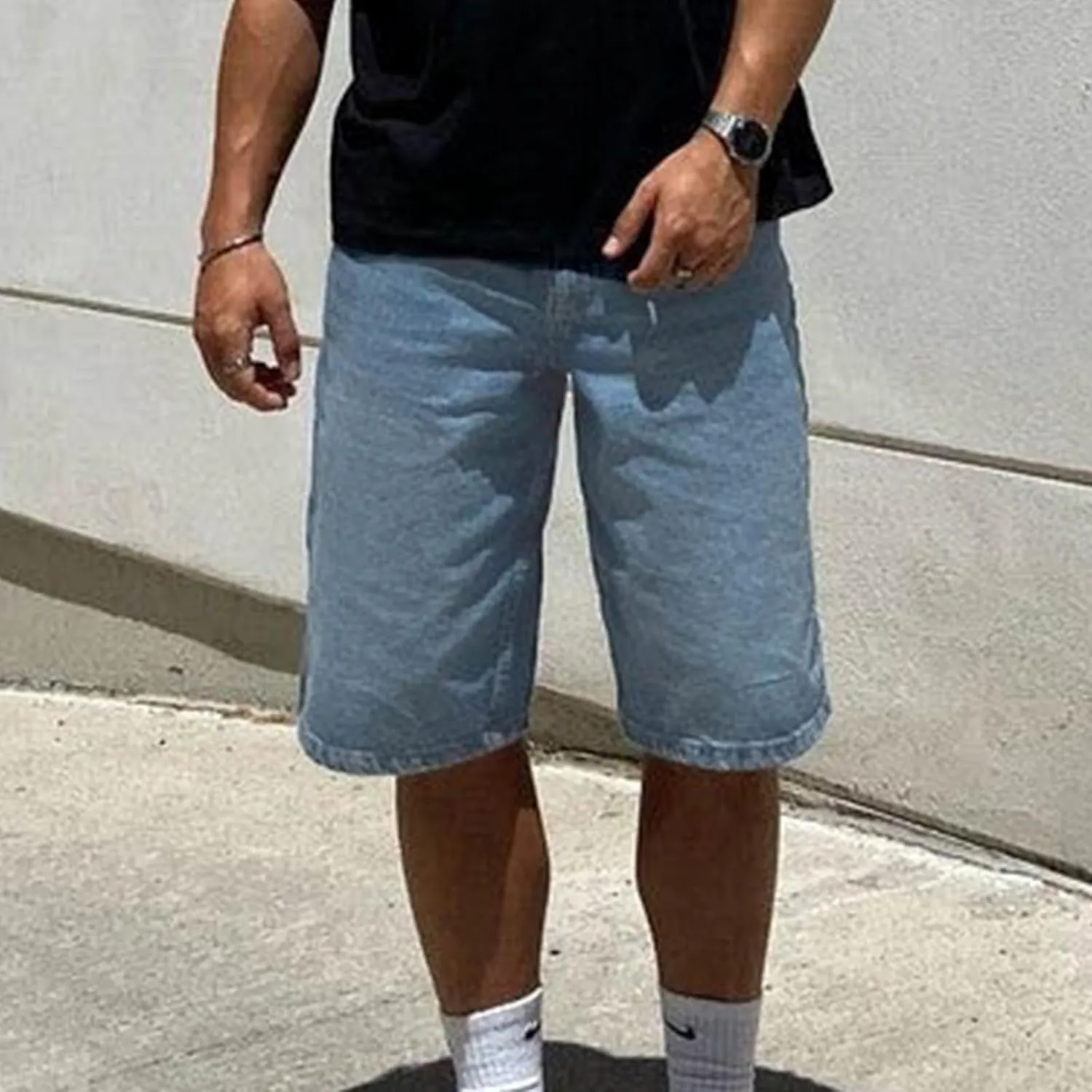 Mens Loose Denim Shorts Baggy Casual Wide Leg Mid Jean Jorts Zipper Hip Hop Shorts with Pockets Streetwear
