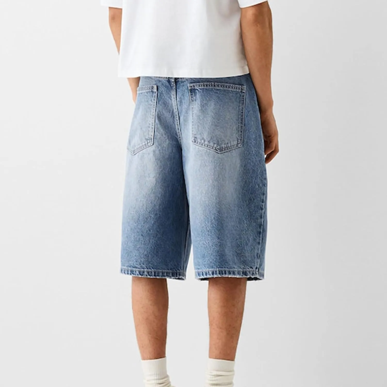 Mens Loose Denim Shorts Baggy Casual Wide Leg Mid Jean Jorts Zipper Hip Hop Shorts with Pockets Streetwear