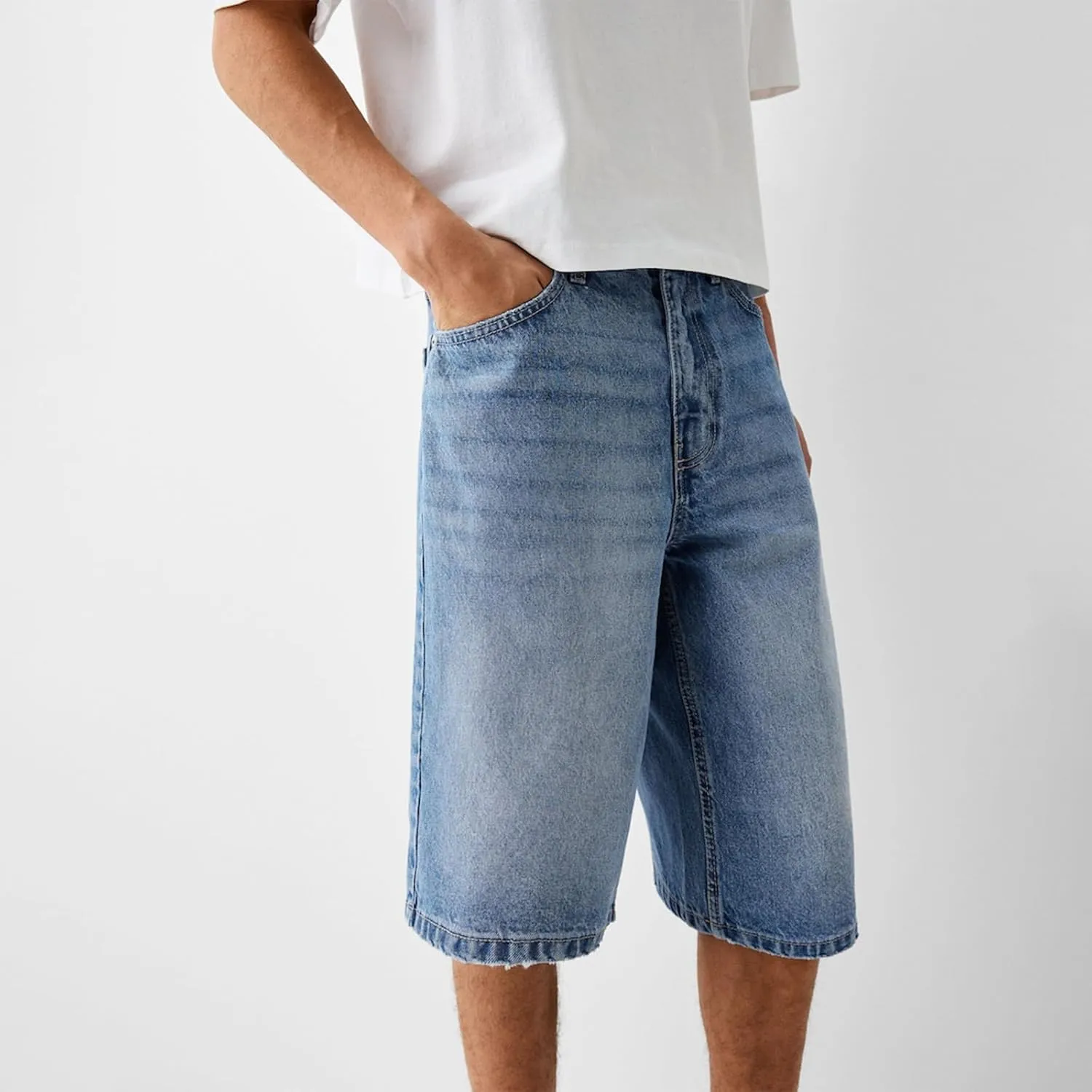 Mens Loose Denim Shorts Baggy Casual Wide Leg Mid Jean Jorts Zipper Hip Hop Shorts with Pockets Streetwear