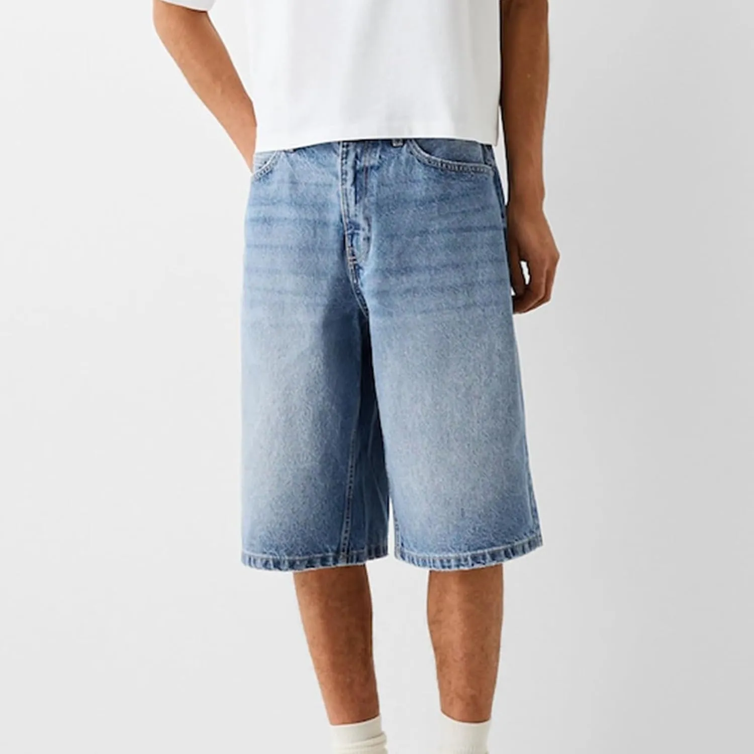 Mens Loose Denim Shorts Baggy Casual Wide Leg Mid Jean Jorts Zipper Hip Hop Shorts with Pockets Streetwear