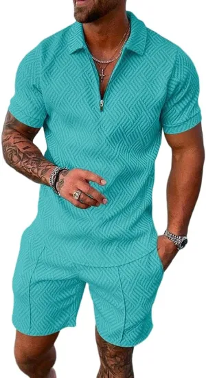 Mens Short Sets 2 Piece Outfits Short Sleeve Zipper Polo Shirts and Shorts Sets Classic Gym Workout Summer Tracksuits