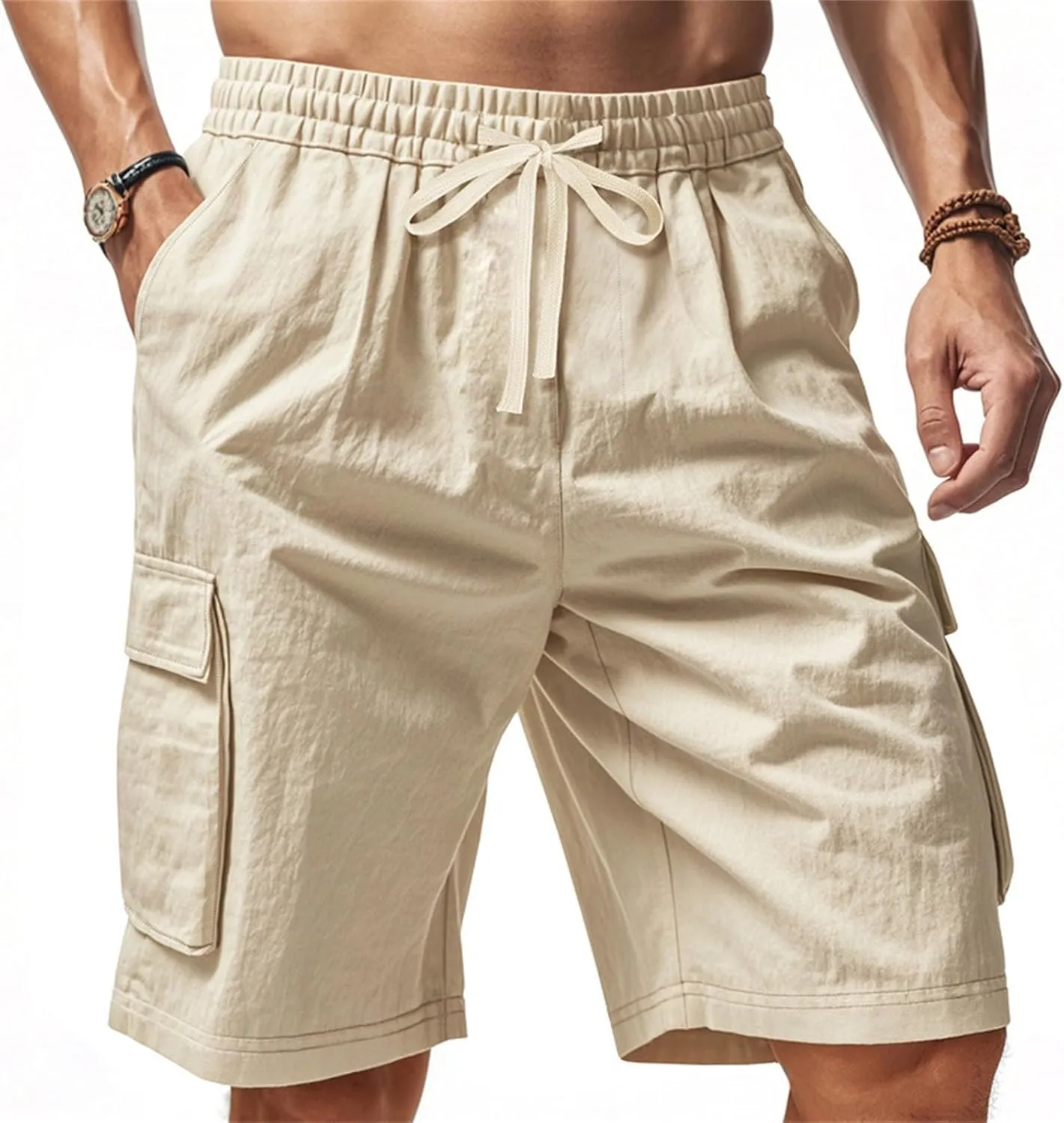 Men's Shorts Casual Cotton Linen Elastic Waist Summer Beach Vacation Shorts with Multi-Pocket