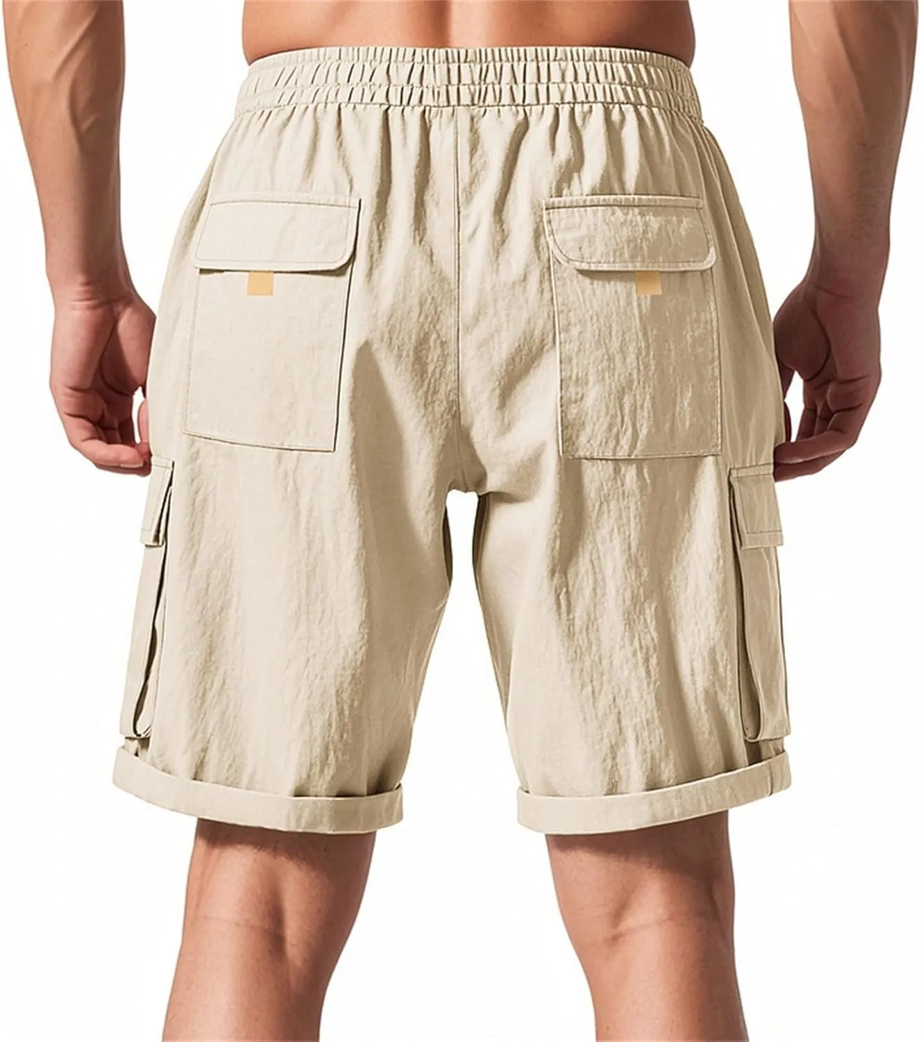 Men's Shorts Casual Cotton Linen Elastic Waist Summer Beach Vacation Shorts with Multi-Pocket