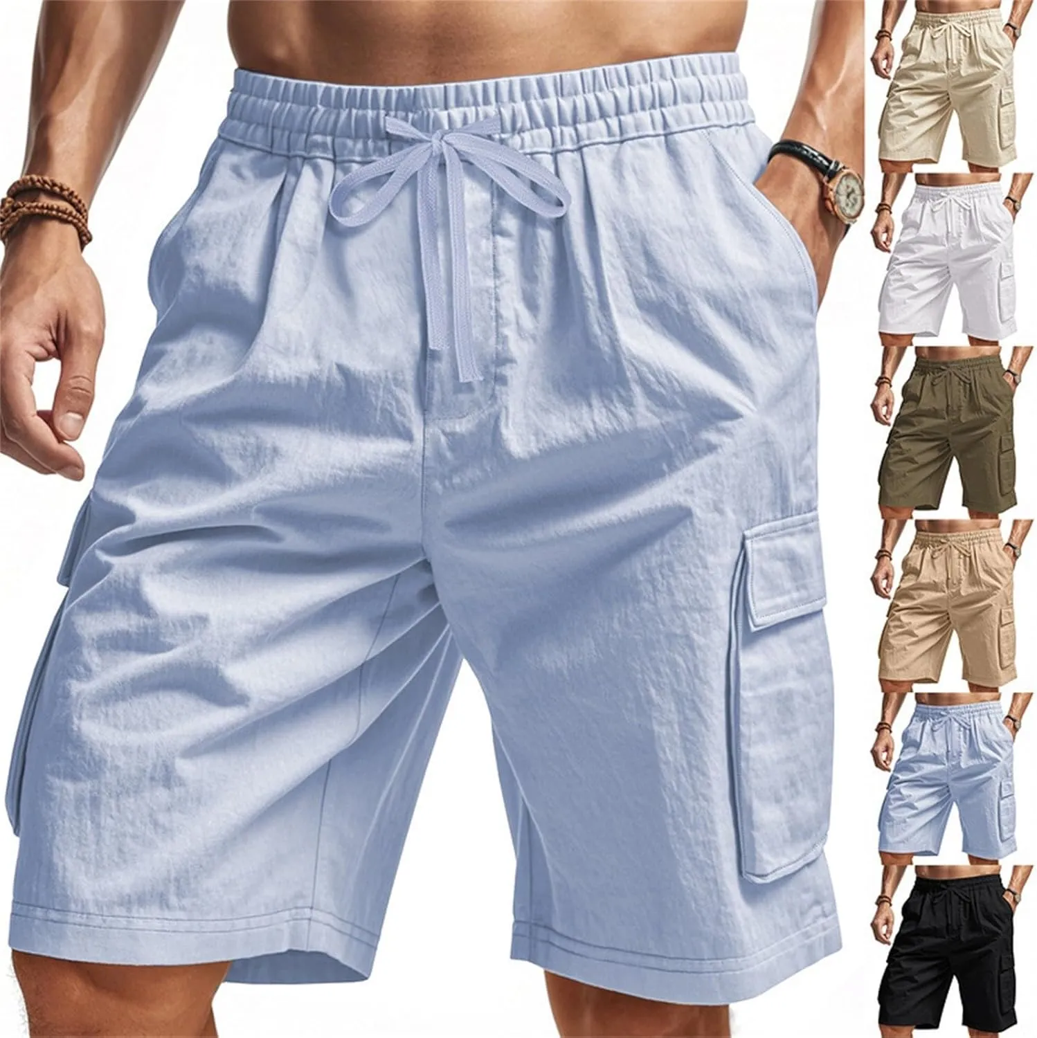 Men's Shorts Casual Cotton Linen Elastic Waist Summer Beach Vacation Shorts with Multi-Pocket