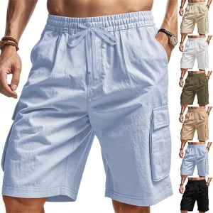 Men's Shorts Casual Cotton Linen Elastic Waist Summer Beach Vacation Shorts with Multi-Pocket
