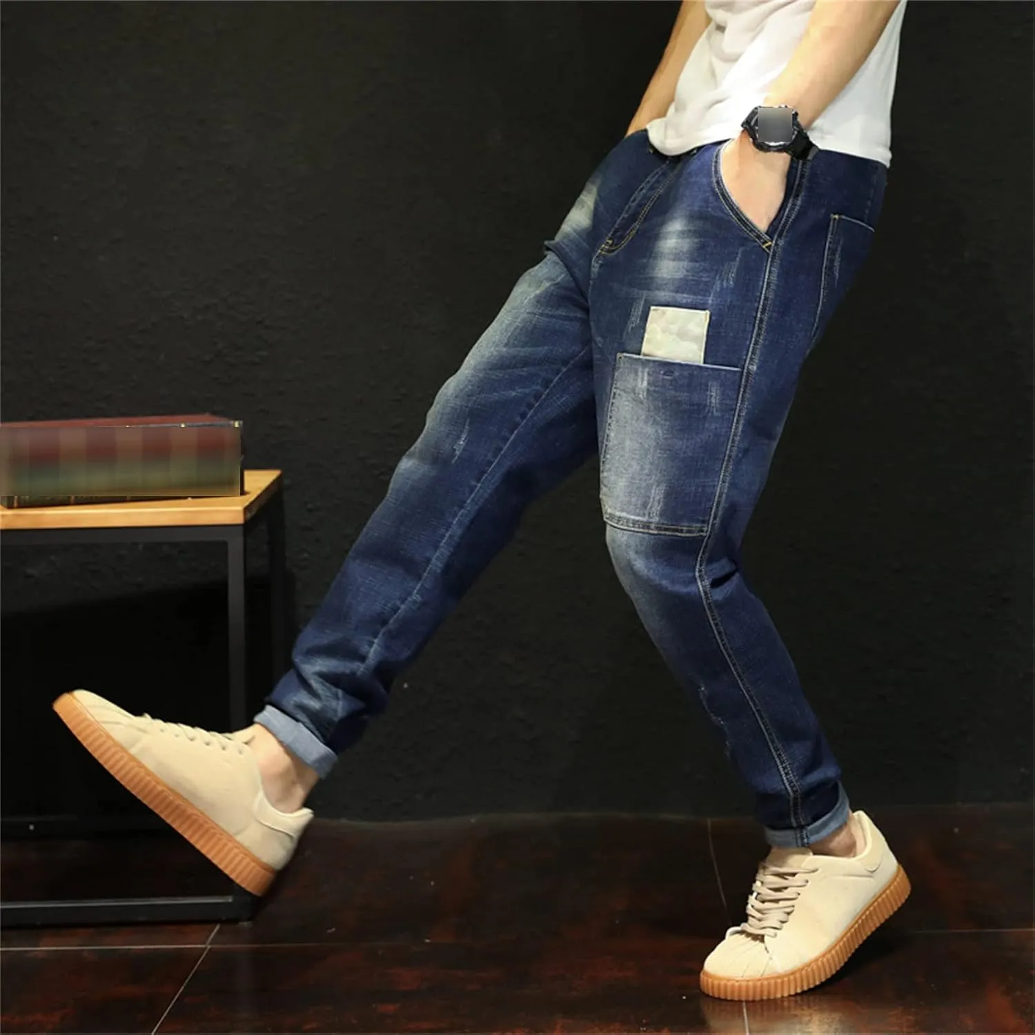 Men's Vintage Ripped Hip Hop Jeans Distressed Side Pocket Stretch Denim Pants Patches Slim Fit Harem Jean Trousers