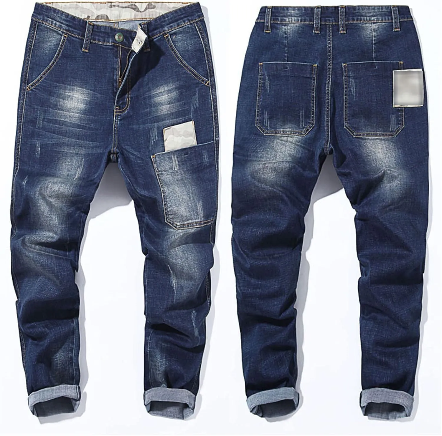 Men's Vintage Ripped Hip Hop Jeans Distressed Side Pocket Stretch Denim Pants Patches Slim Fit Harem Jean Trousers