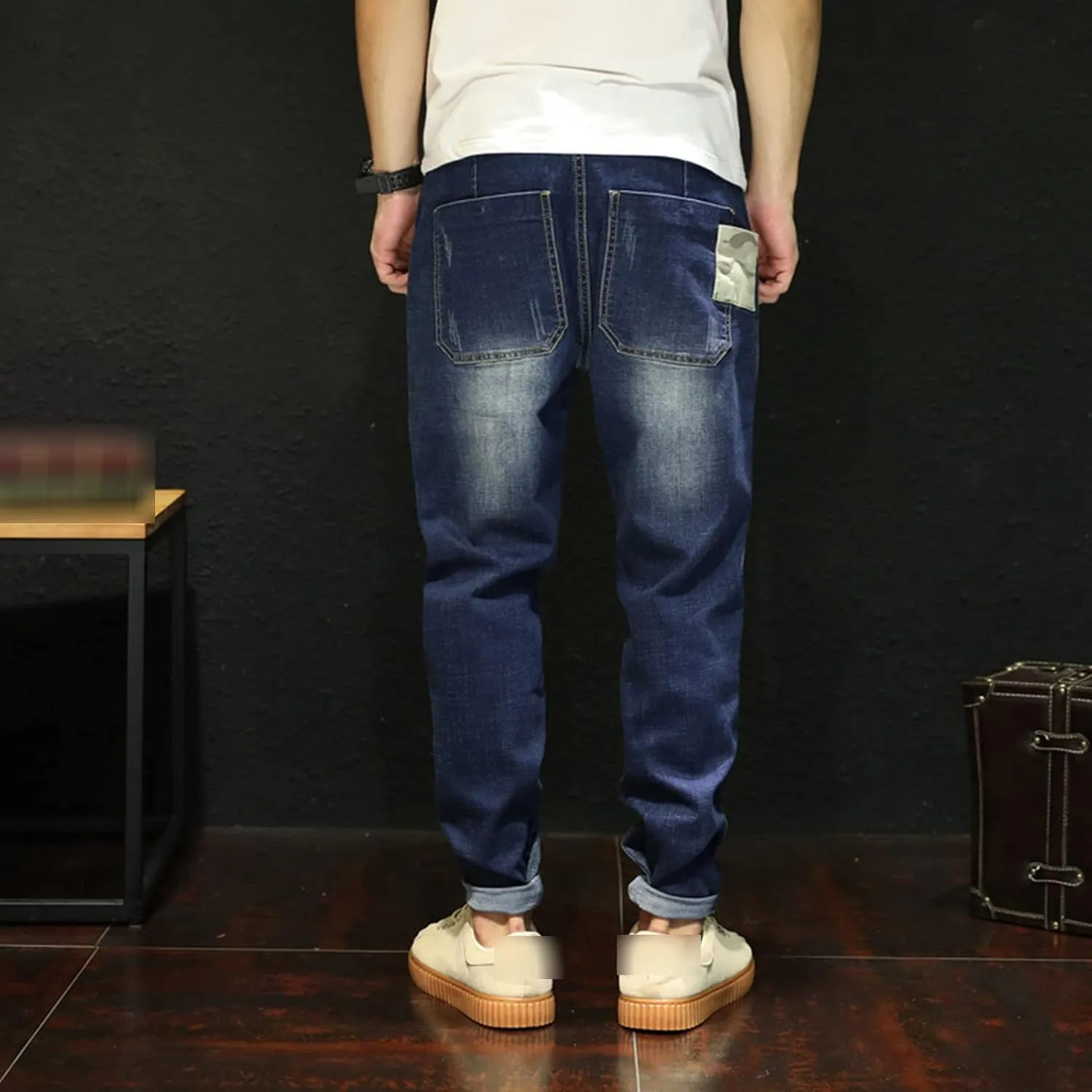 Men's Vintage Ripped Hip Hop Jeans Distressed Side Pocket Stretch Denim Pants Patches Slim Fit Harem Jean Trousers