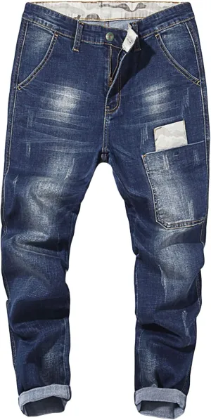 Men's Vintage Ripped Hip Hop Jeans Distressed Side Pocket Stretch Denim Pants Patches Slim Fit Harem Jean Trousers