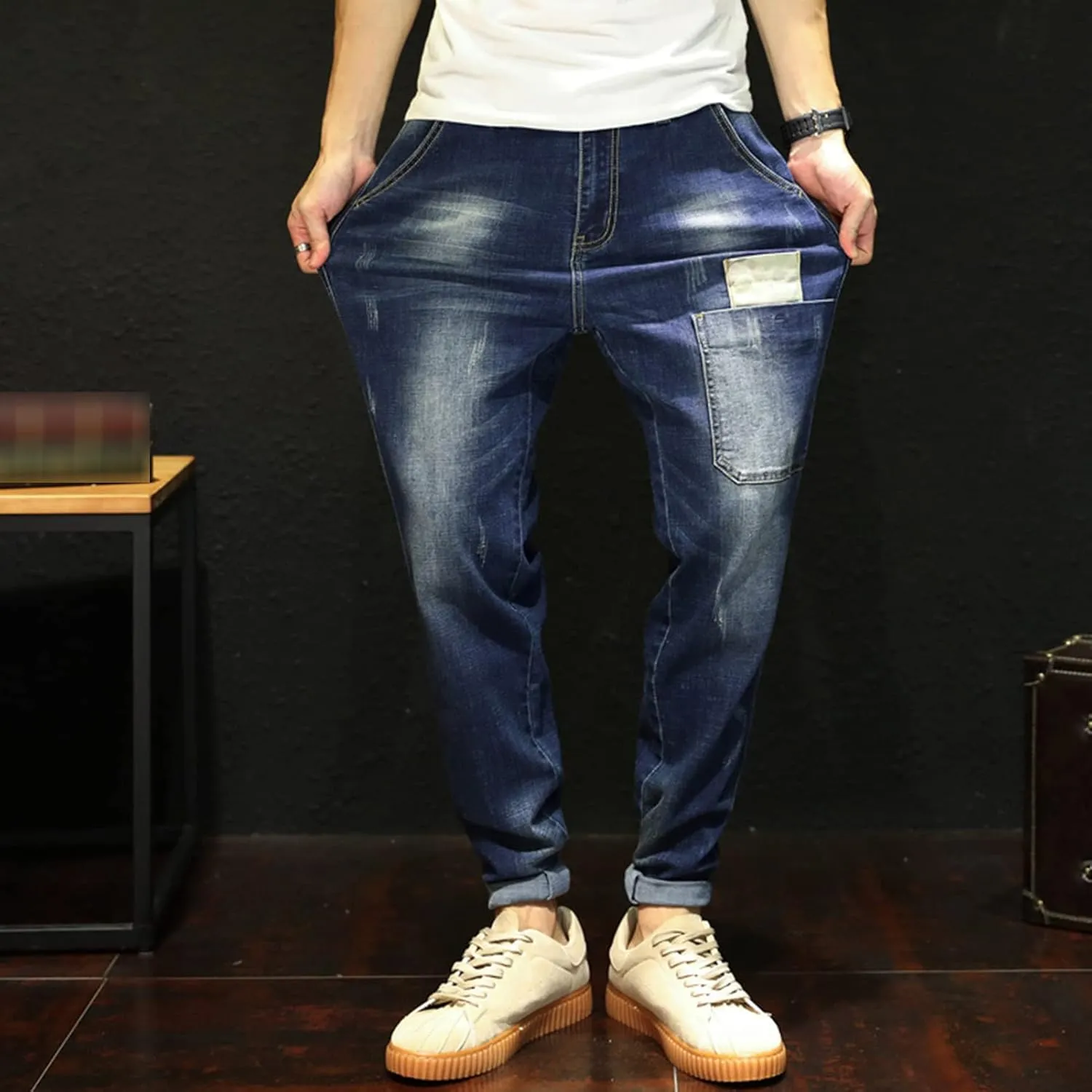 Men's Vintage Ripped Hip Hop Jeans Distressed Side Pocket Stretch Denim Pants Patches Slim Fit Harem Jean Trousers