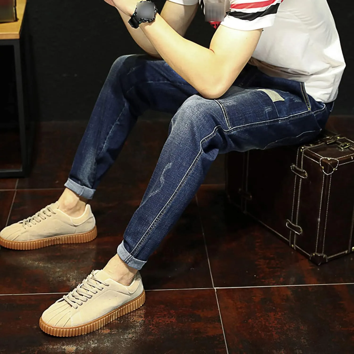 Men's Vintage Ripped Hip Hop Jeans Distressed Side Pocket Stretch Denim Pants Patches Slim Fit Harem Jean Trousers