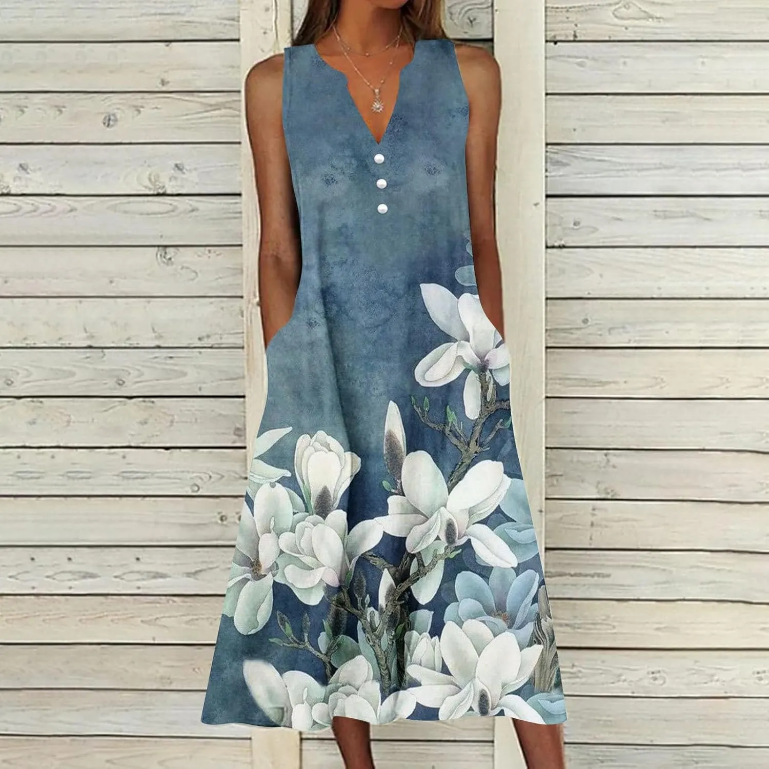 Midi Dresses for Women Flower Graphic Print Sundress Sleeveless A Line Flowy Beach Dresses with Pockets