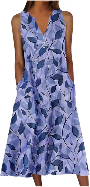 Midi Dresses for Women Flower Graphic Print Sundress Sleeveless A Line Flowy Beach Dresses with Pockets