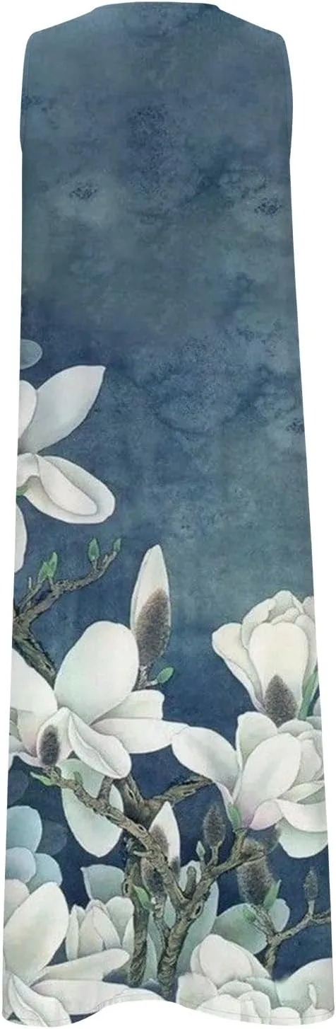 Midi Dresses for Women Flower Graphic Print Sundress Sleeveless A Line Flowy Beach Dresses with Pockets