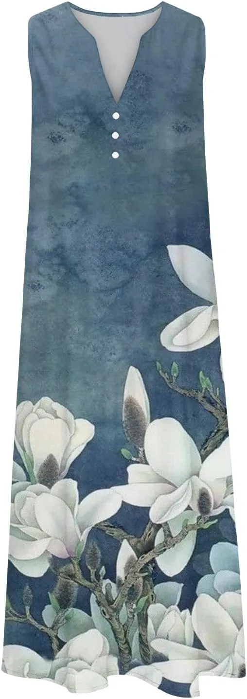 Midi Dresses for Women Flower Graphic Print Sundress Sleeveless A Line Flowy Beach Dresses with Pockets
