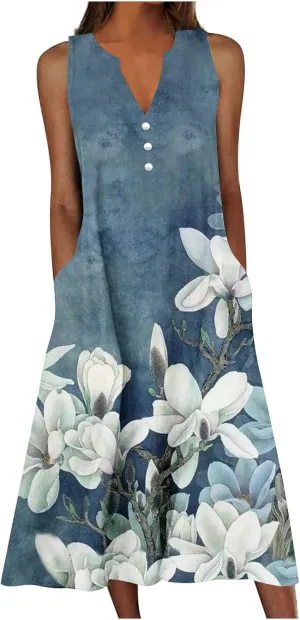 Midi Dresses for Women Flower Graphic Print Sundress Sleeveless A Line Flowy Beach Dresses with Pockets