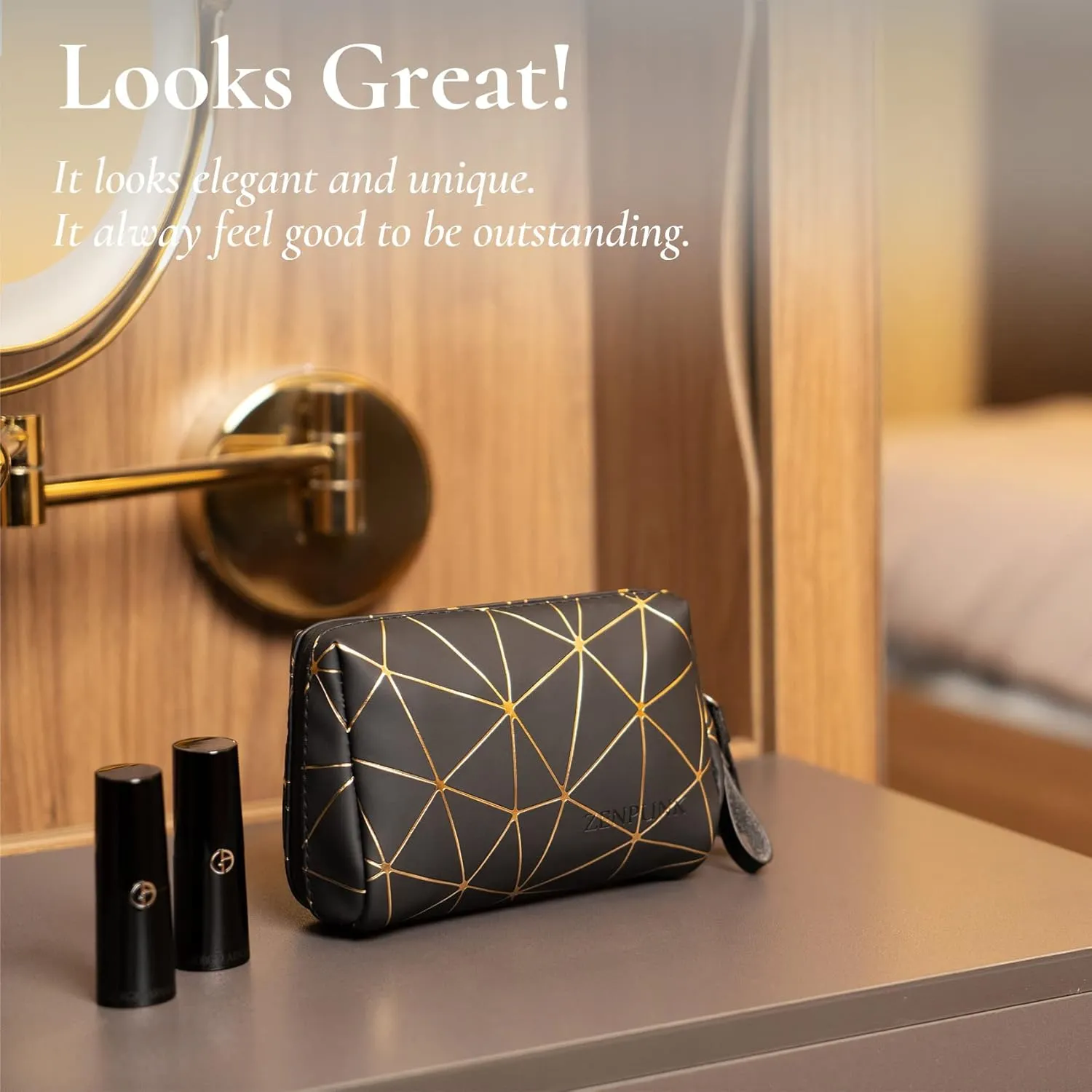 Mini Makeup Bag for Purse, PU Leather Makeup Organizer, Travel Cosmetic Bag, Portable Waterproof Makeup Pouch, Makeup Pouch for Girls Women(Black & Gold)