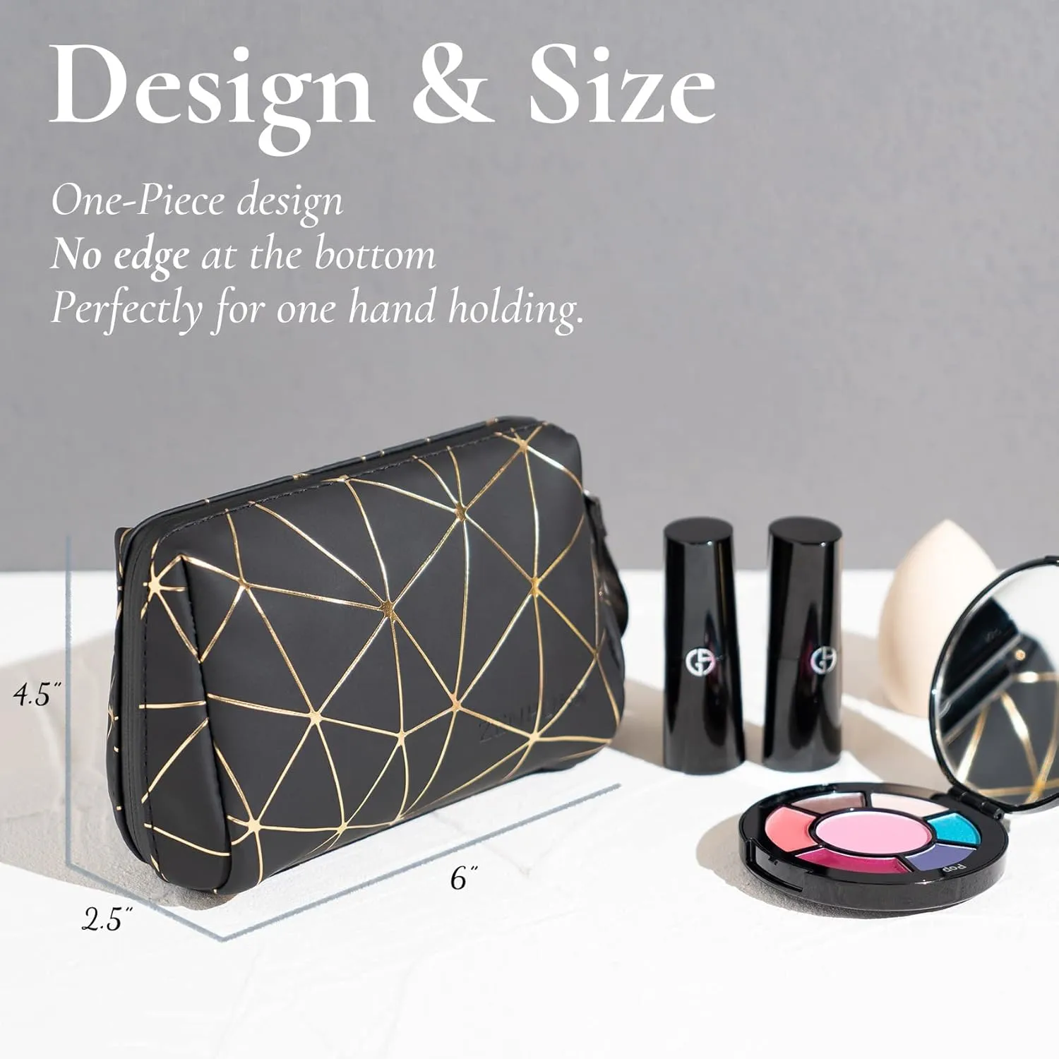 Mini Makeup Bag for Purse, PU Leather Makeup Organizer, Travel Cosmetic Bag, Portable Waterproof Makeup Pouch, Makeup Pouch for Girls Women(Black & Gold)