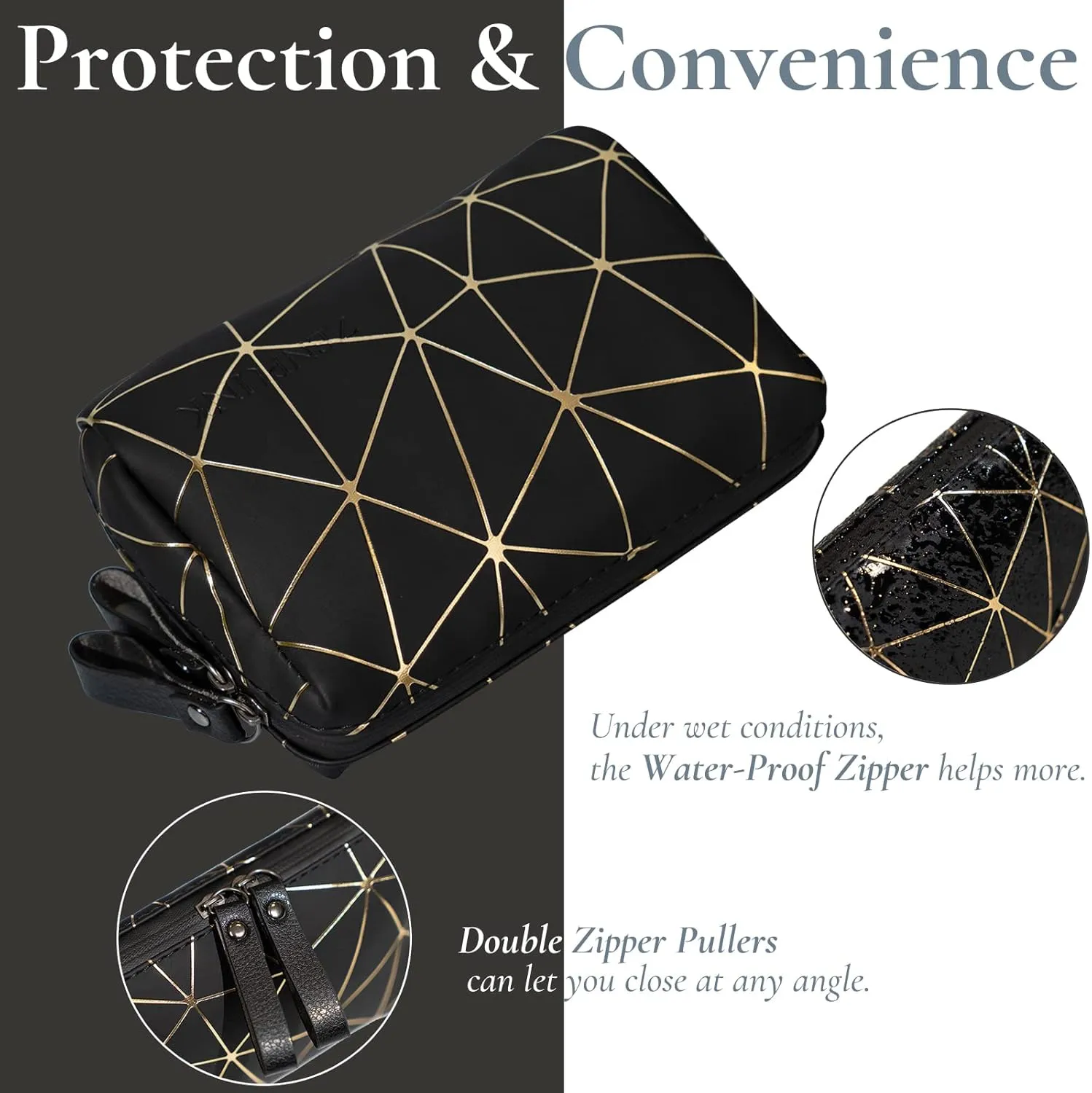 Mini Makeup Bag for Purse, PU Leather Makeup Organizer, Travel Cosmetic Bag, Portable Waterproof Makeup Pouch, Makeup Pouch for Girls Women(Black & Gold)