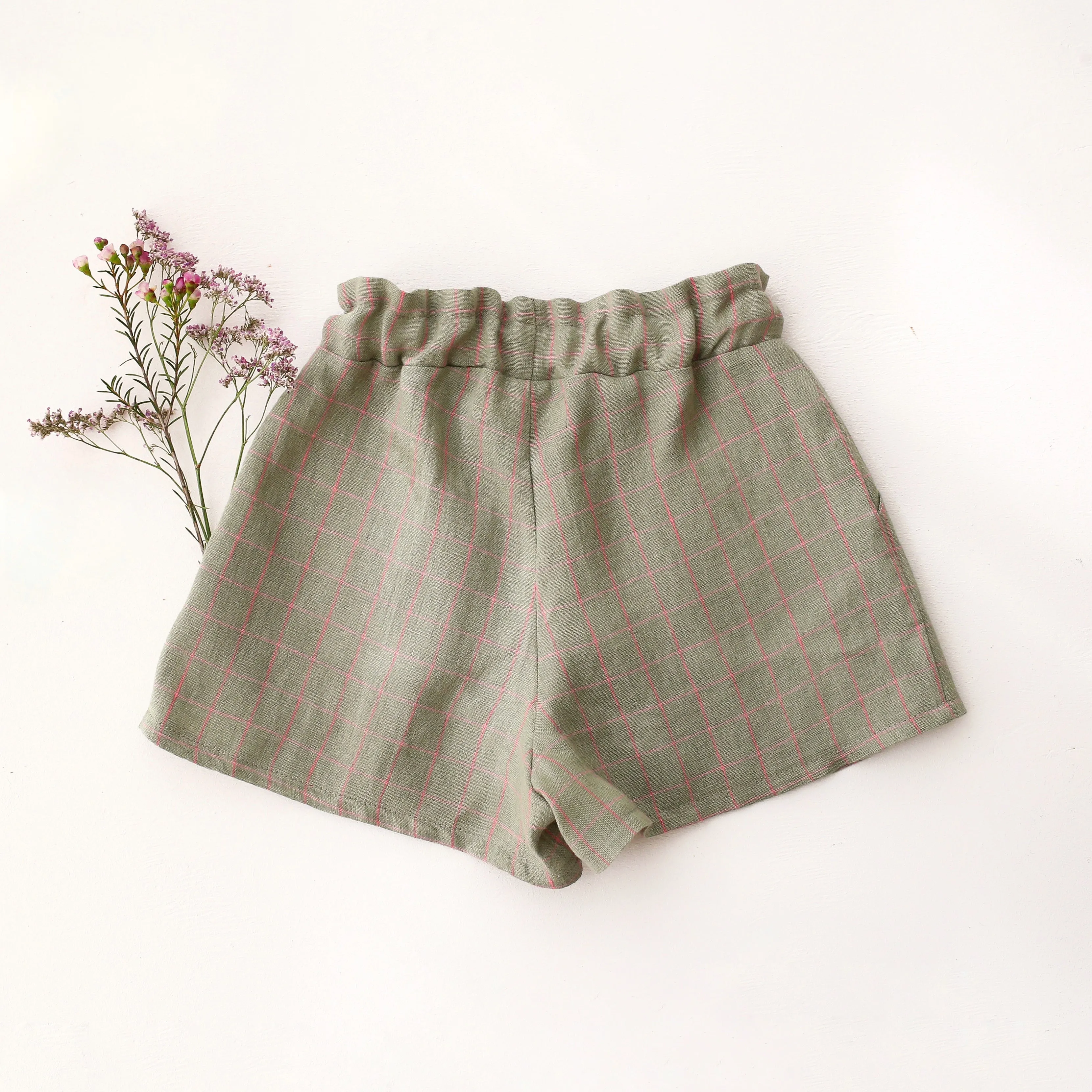 Mint & Pink Check Paperbag Waist Shorts with "Rose & Butterfly" Embroidery