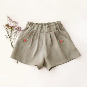 Mint & Pink Check Paperbag Waist Shorts with "Rose & Butterfly" Embroidery