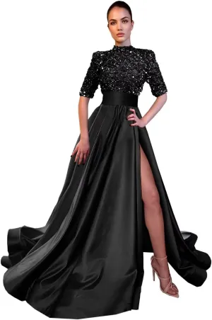 Mock Turtle Neck Prom Dresses Half Sleeve Formal Gowns Sequins Satin Evening Dress A-Line Ball Gown Slit JS0005