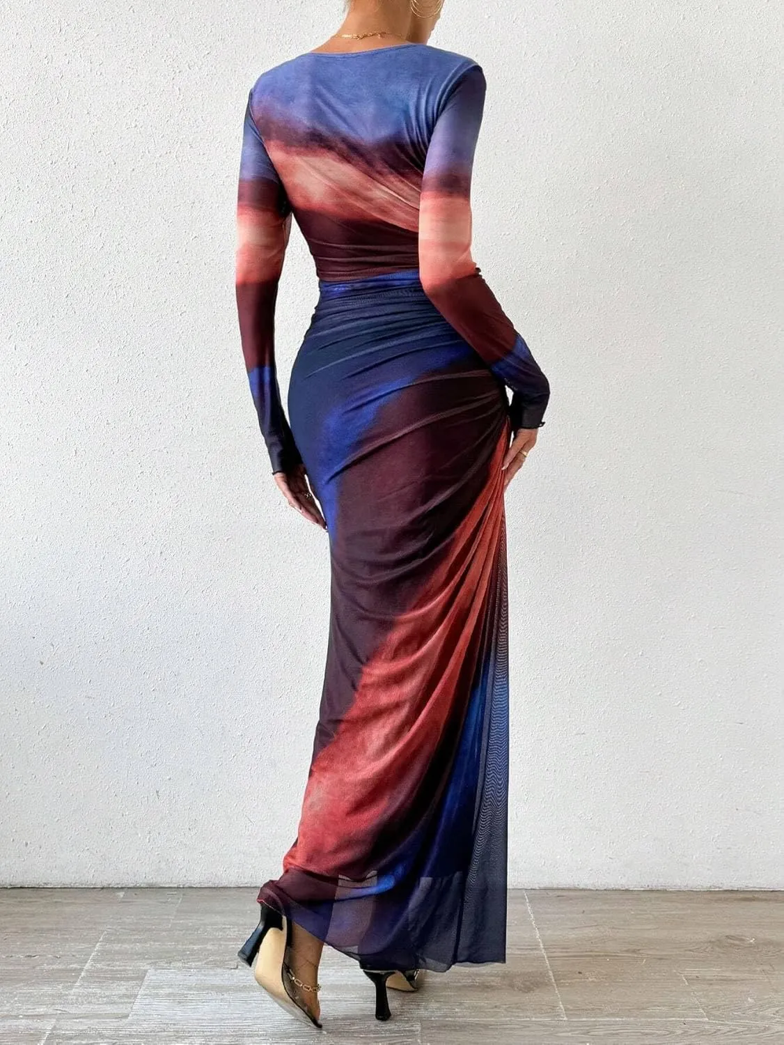 MOEENCN Women Sheer Mesh Maxi Dress Long Sleeve Bodycon Birthday Outfits Ruched Tie Dye Cocktail Club Party Dresses