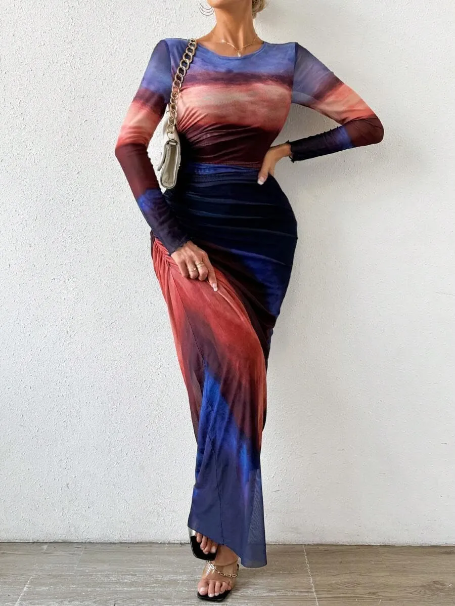 MOEENCN Women Sheer Mesh Maxi Dress Long Sleeve Bodycon Birthday Outfits Ruched Tie Dye Cocktail Club Party Dresses