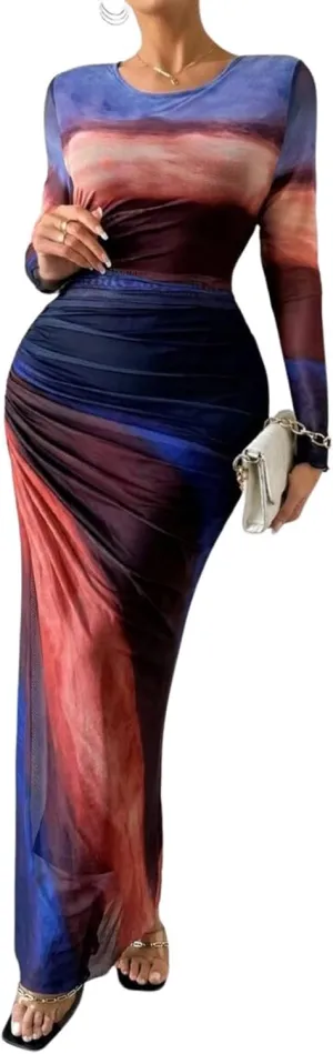 MOEENCN Women Sheer Mesh Maxi Dress Long Sleeve Bodycon Birthday Outfits Ruched Tie Dye Cocktail Club Party Dresses