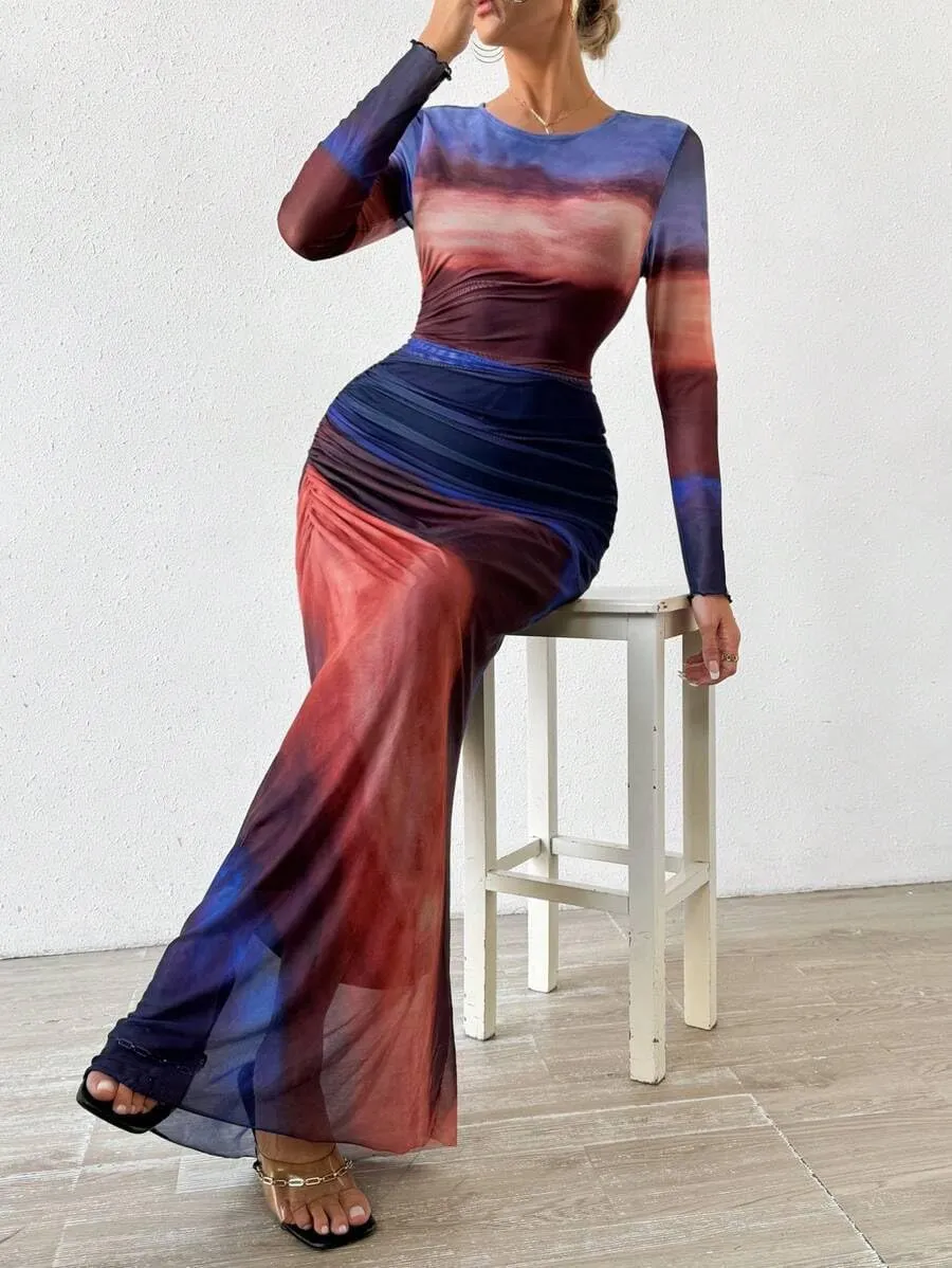 MOEENCN Women Sheer Mesh Maxi Dress Long Sleeve Bodycon Birthday Outfits Ruched Tie Dye Cocktail Club Party Dresses