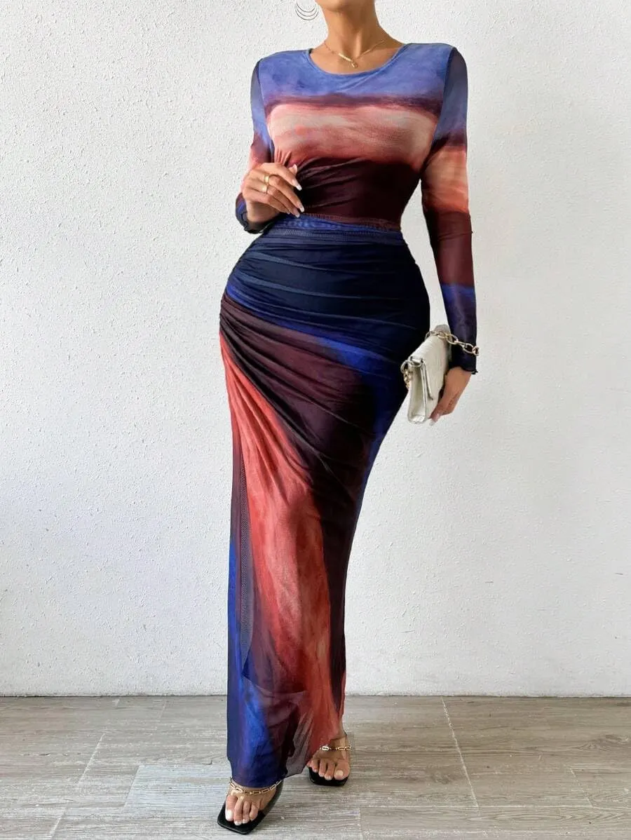 MOEENCN Women Sheer Mesh Maxi Dress Long Sleeve Bodycon Birthday Outfits Ruched Tie Dye Cocktail Club Party Dresses