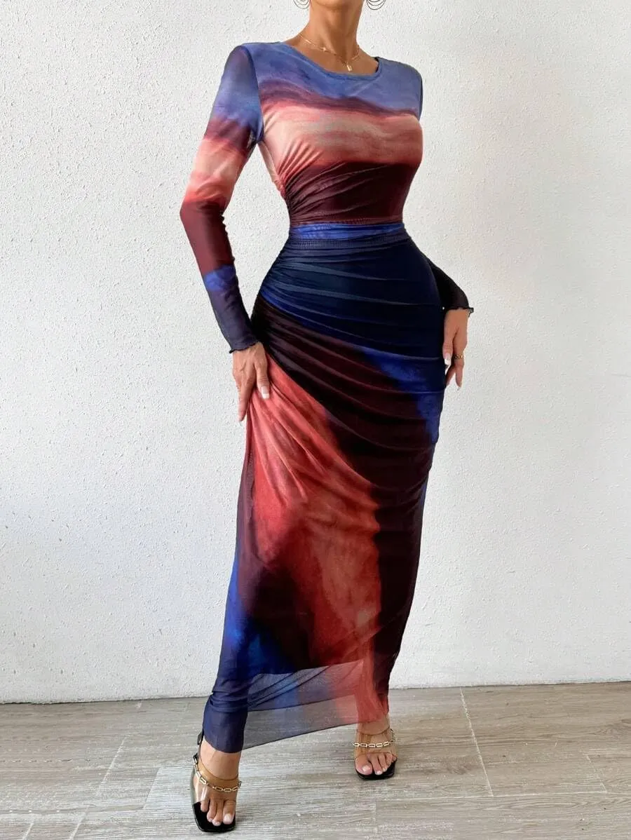 MOEENCN Women Sheer Mesh Maxi Dress Long Sleeve Bodycon Birthday Outfits Ruched Tie Dye Cocktail Club Party Dresses